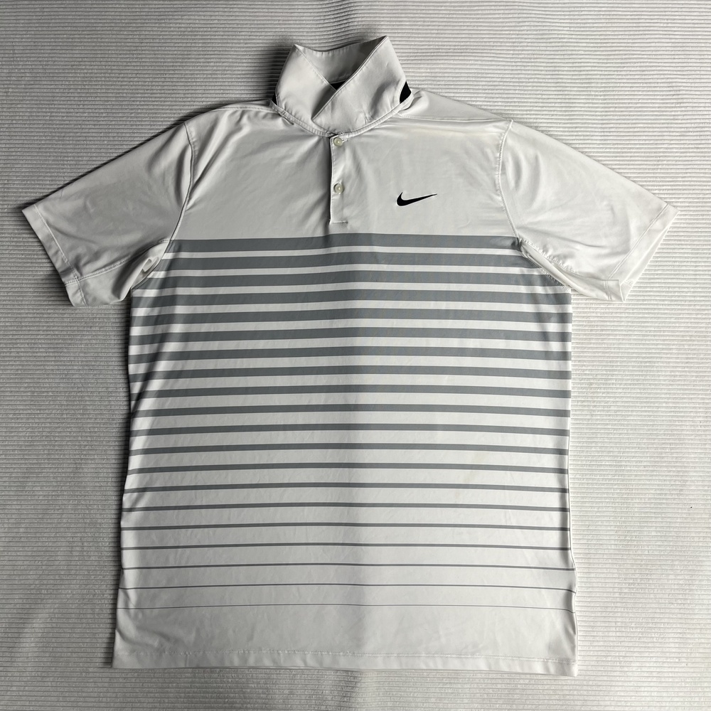 Nike Golf Dri-FIT Polo Shirt Mens L White Gray Striped Short Sleeve Top Golf